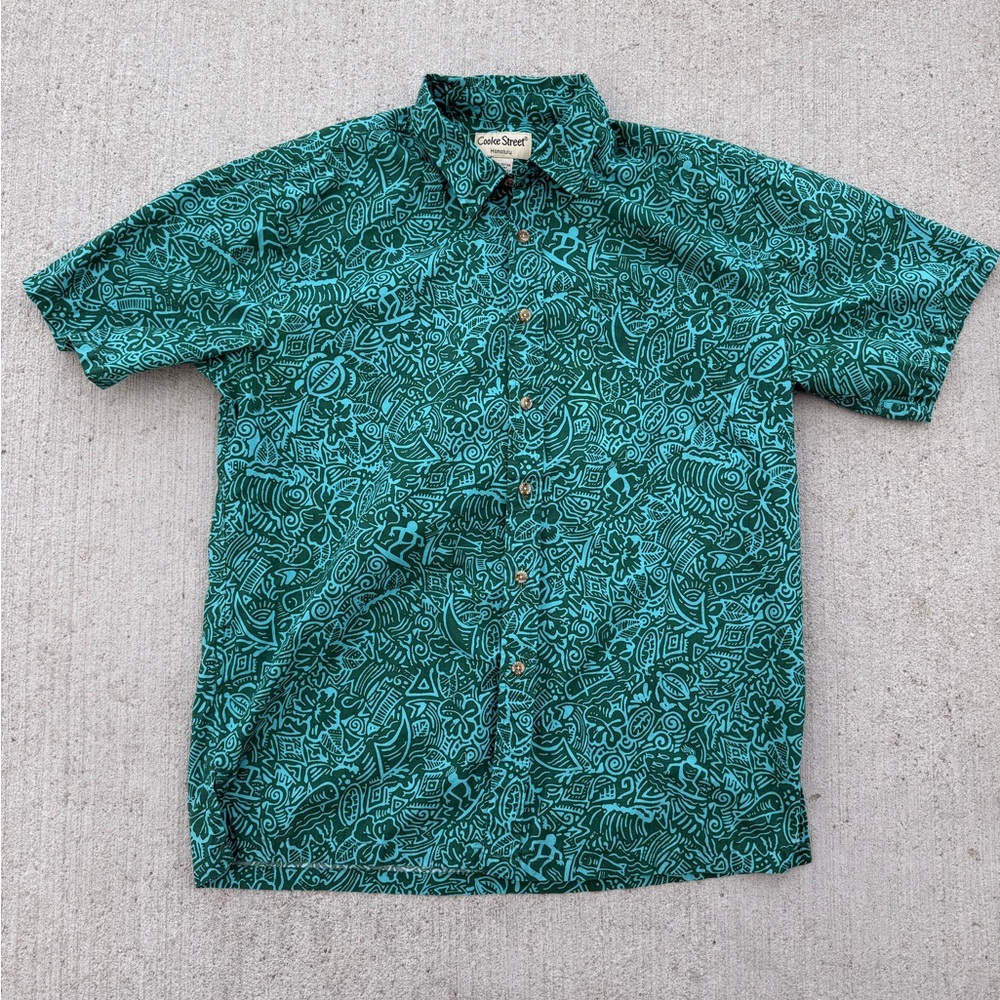 Cooke Street Honolulu Hawaiian Aloha Shirt -Mens L- Green/Teal Tribal Tiki Print